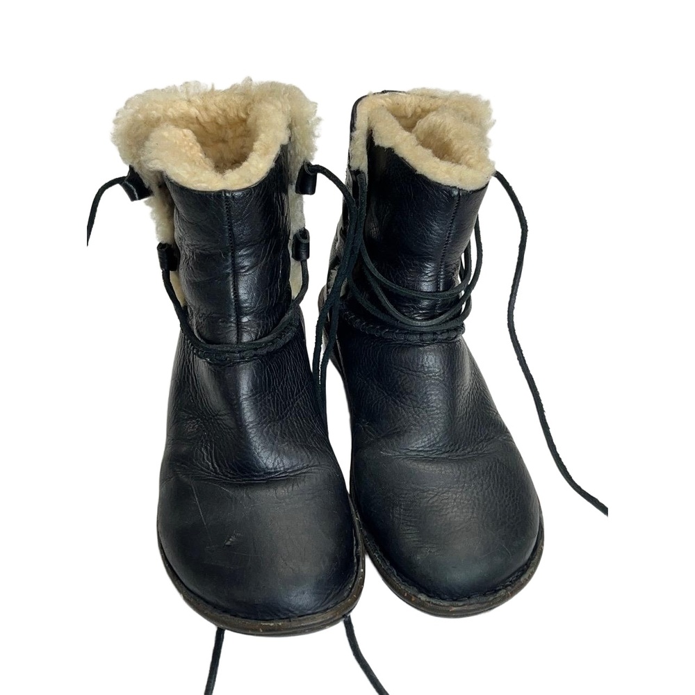 UGG Black Leather Lace-Up Shearling Boots with Cream Lining
